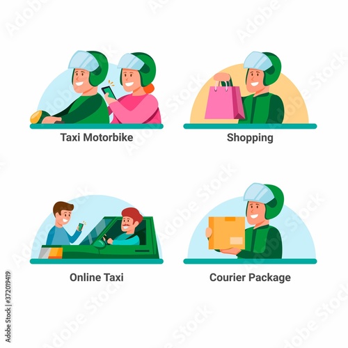 Online transportation service icon set. taxi online with customer and courier delivery package job symbol in cartoon illustration vector isolated in white background