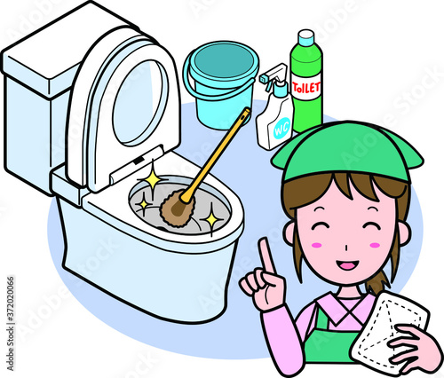 ブラシでトイレをピカピカに清掃する業者の若い女性
