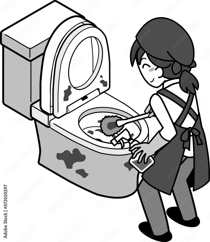 Obraz ブラシで汚れたトイレを清掃する業者の若い女性