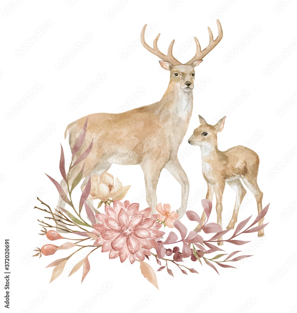 Obraz Watercolor adorable deers and flowers. Autumn rustic scene. Fall aesthetic clipart with sika deer and floral bouquet