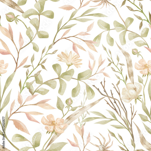 Watercolor seamless pattern with green leaves and brunches, feather and meadow flowers. Delicate feminine background. Wildflower botanical print
