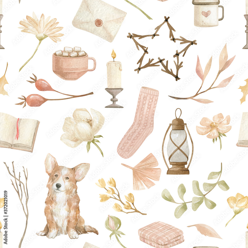 Watercolor seamless pattern with cozy home decor things. Welsh corgi dog,  book, coffee cup, socks, leaves, flowers, candles, letter. Autumn aesthetic  essentials. Fall clip art elements. Stock Illustration
