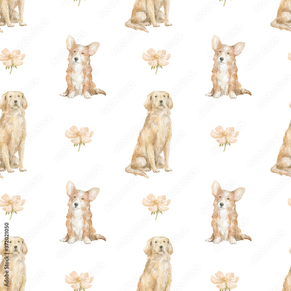 Watercolor seamless pattern with cute domestic dog. Welsh corgi and golden retriever dogs, flowers. Cute nursery background for children textile, print, cover,wallpaper Watercolor seamless pattern with cute domestic dog. Welsh corgi and golden retriever dogs, flowers. Cute nursery background for children textile, print, cover,wallpaper
