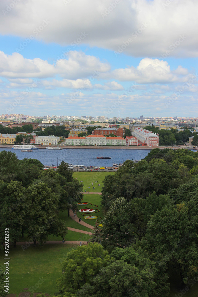 Beautiful view of St. Petersburg. Neva embankment and old colored buildings.