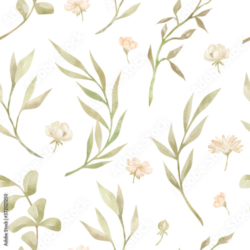 Watercolor seamless pattern with green leaves and brunches and meadow flowers. Delicate feminine background. Wildflower botanical print