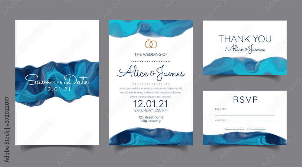 Vector modern design wedding invitation. Liquid colors greeting cards with golden text. Save the date design template. Branding, color.