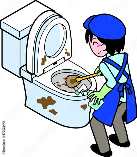 ブラシで汚れたトイレを清掃する業者の若い男性