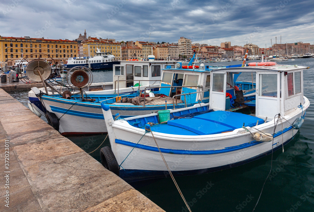 Marseilles. Fishing boats near the pier in the old port.