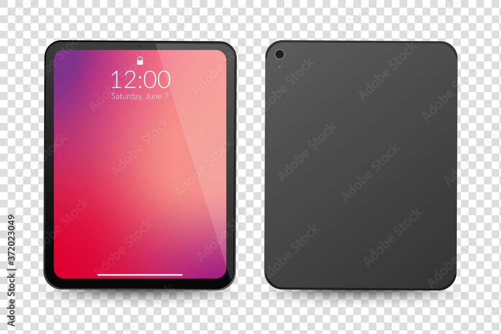 Tablet computer front and back side. Vector realistic mock up. Vertical empty gadget screen with shadow Tablet computer front and back side. Vector realistic mock up. Vertical empty gadget screen with shadow