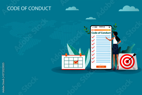 Business concept of code of conduct, businesswoman is standing near a big smartphone that the display contain list of code of conduct to read and understand each topic in green color background.