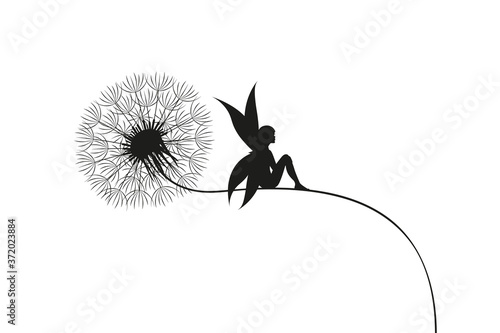 fairy sits on a dandelion silhouette vector illustration EPS10