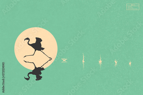 Lonely flamingo running on lake. Elegant bird isolated silhouette and splashes on water. Yellow sun on green texture background. Vector illustration for use in polygraphy, textile, design, decor