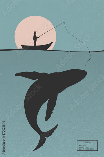 Fisherman in boat. Man isolated silhouette with fishing rod and big whale under water. Pink sun on blue texture background. Vector illustration for use in polygraphy, textile, design, nursery decor