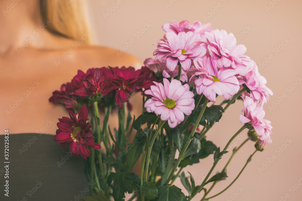 custom made wallpaper toronto digitalWoman holding beautiful bouquet of flowers.Focus on flowers.