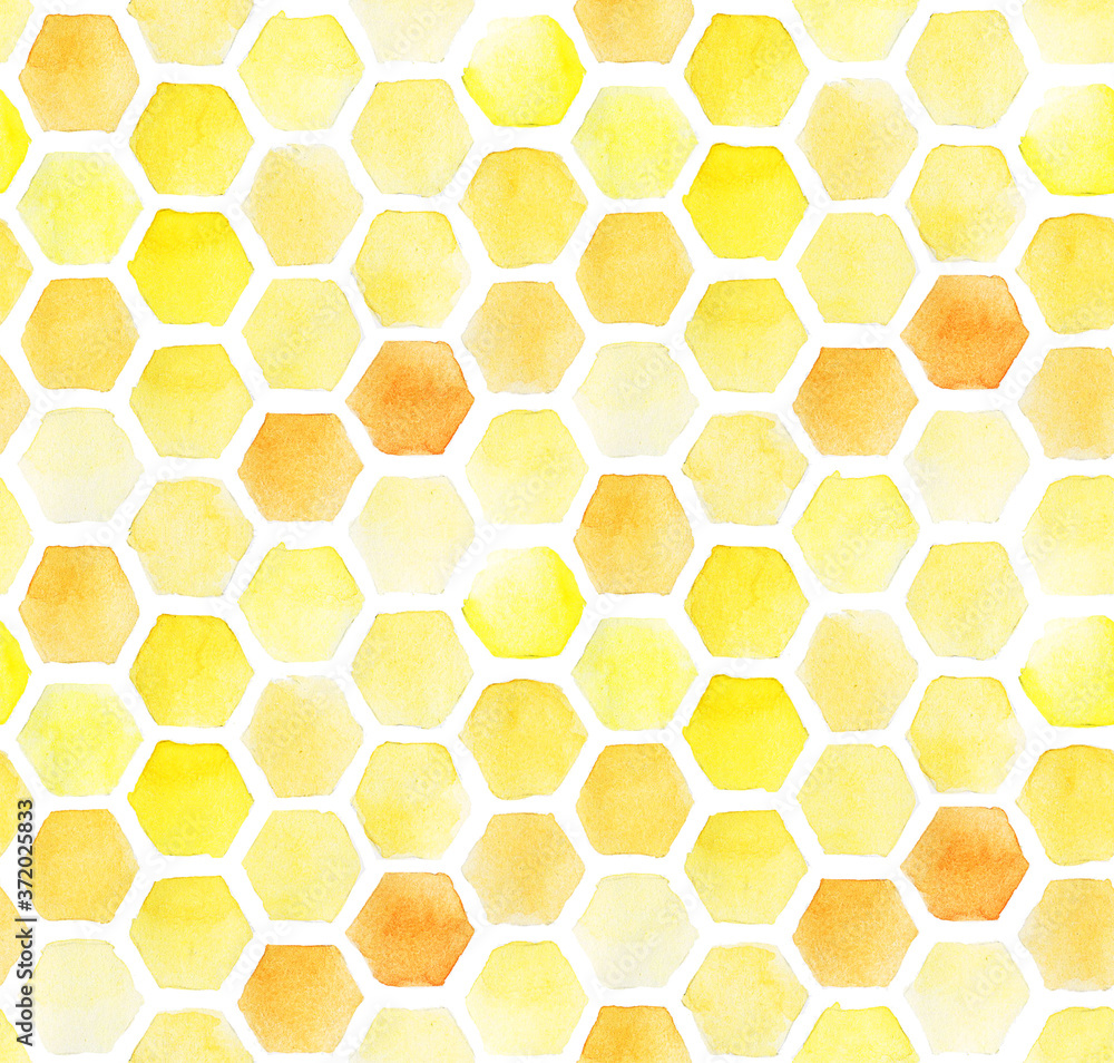 watercolor drawing, honeycomb seamless pattern. cute abstract background with yellow honeycombs isolated on white background. design for wallpaper, fabric, wrapping paper watercolor drawing, honeycomb seamless pattern. cute abstract background with yellow honeycombs isolated on white background. design for wallpaper, fabric, wrapping paper