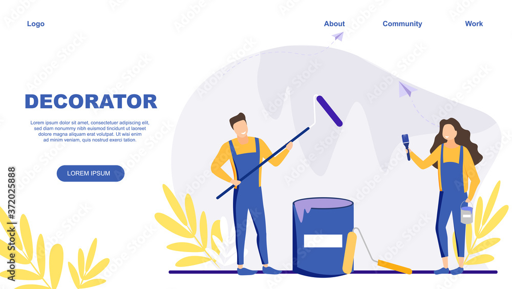 Vector illustration of decorator. Man and woman painting with paintbrush and tassel from can Vector illustration of decorator. Man and woman painting with paintbrush and tassel from can