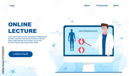 Vector illustration of online lecture about medicine. Man teaching anatomy and healthcare on computer monitor from internet