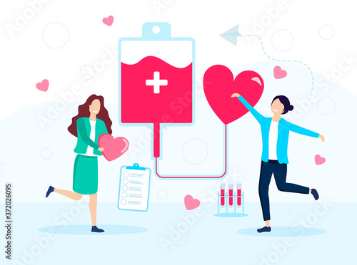 Healthcare concept of blood donation. Vector illustration with two happy women donors or volunteers
