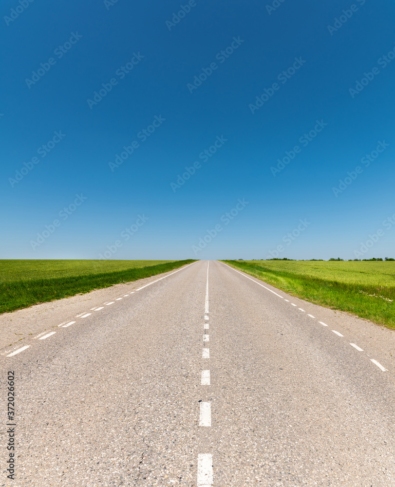 suburban empty road asphalt surrounded by trees and grass. The concept of transportation and travel. Background green grass asphalt and blue sky