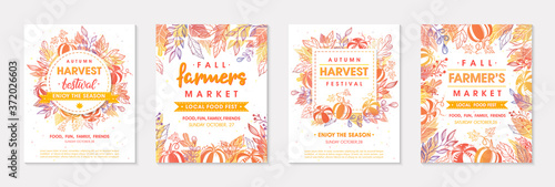 Set of autumn farmers market banners with leaves and floral elements.Local food fest design perfect for prints,flyers,banners,invitations.Fall harvest festival.Vector autumn illustrations. photo