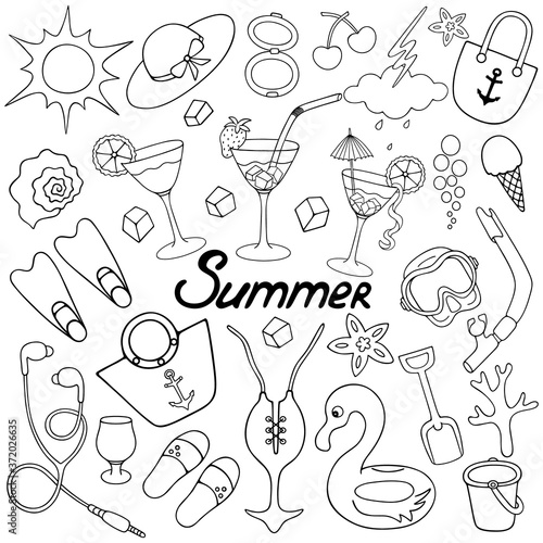 Summertime. Sketch. Beach collection. Vector set of illustrations. Outline on white isolated background. Doodle style. Coloring book for children. Idea for web design, books. Vacation mood. Lettering.