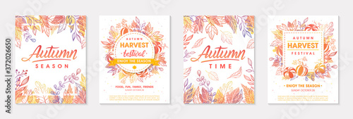 Autumn seasonals postes with leaves and floral elements in fall colors.Greetings and harvest fest posters perfect for prints,flyers,banners,invitations.Trendy fall designs.Vector autumn illustrations