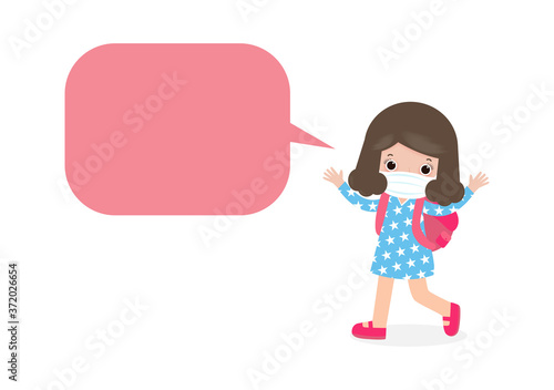 Back to school for new normal lifestyle concept, little girl with talking speech bubbles and wearing a surgical protective Medical mask for prevent coronavirus or covid 19 isolated on white background