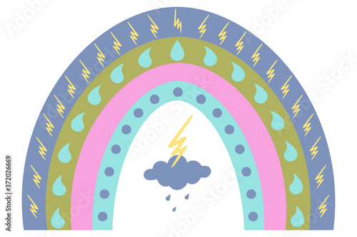 Rainbow, thunderstorm and lightning. Boho style. A striking natural phenomenon. Vector illustration. Isolated white background. Multicolored stripes with fantasy patterns. Rainbow print. Pastel tone. 