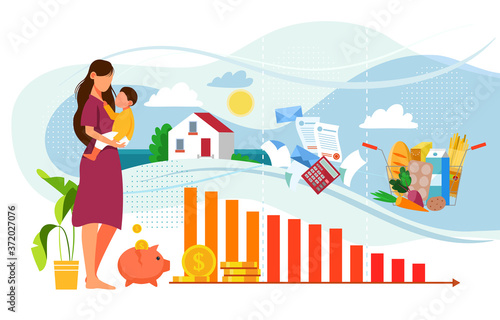 Drop in income for single mother concept. Woman holds baby in his arms. Graph shows a drop in income and a deterioration in living standards. Vector illustration
