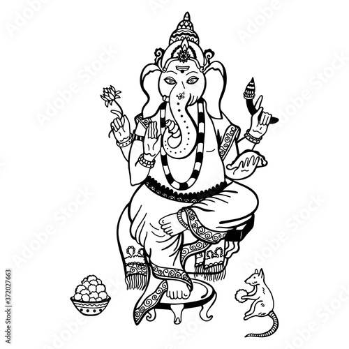 Vector illustration of the Indian god Ganesha. Multi-armed elephant Ganesha black and white illustration isolated on white background.