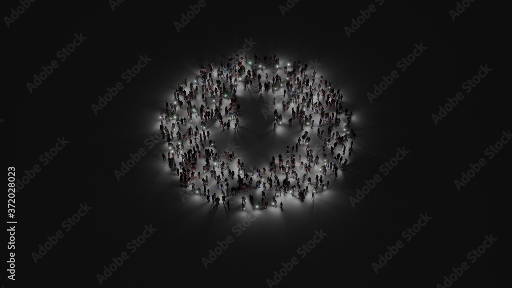 3d rendering of crowd of people with flashlight in shape of symbol of down arrow in circle on dark background 3d rendering of crowd of people with flashlight in shape of symbol of down arrow in circle on dark background