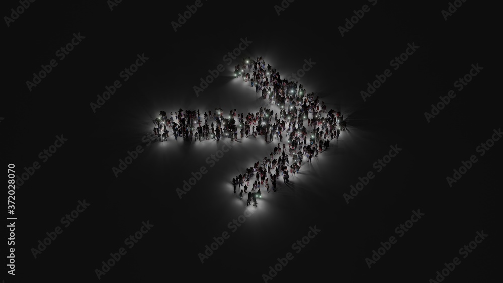 3d rendering of crowd of people with flashlight in shape of symbol of arrow right on dark background