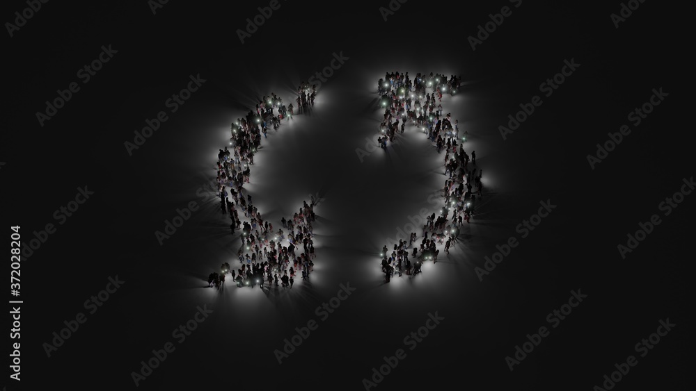 3d rendering of crowd of people with flashlight in shape of symbol of double refresh arrow on dark background