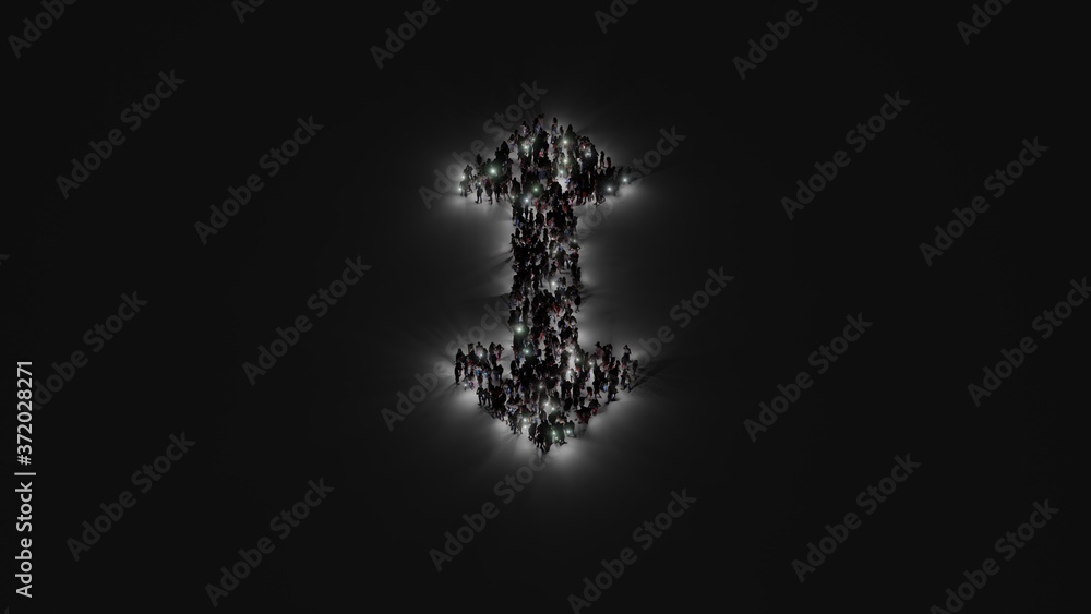 3d rendering of crowd of people with flashlight in shape of symbol of double vertical arrow on dark background