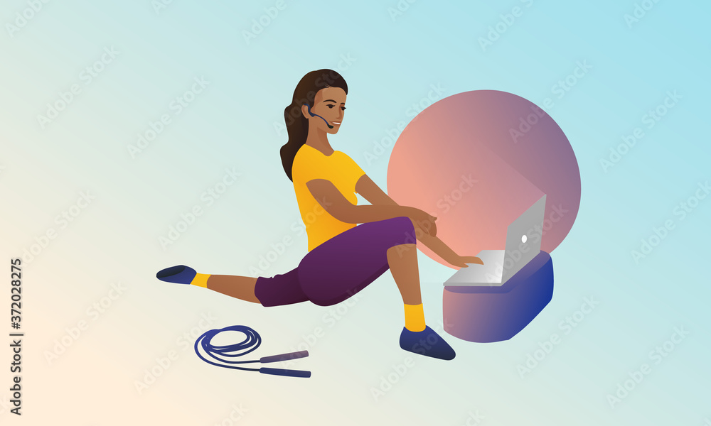 Work at home. Young beautiful girl is doing workout online. Sports activities in video tutorials. concept. Vector illustration, new fresh design. Dumbbell and ball for fitness.