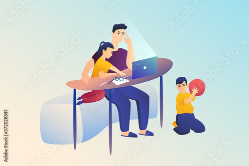 Work from home. The father works at the computer when the children are distracted. Difficulty concentrating on work. Freelancer or study concept. Vector illustration, new fresh design.