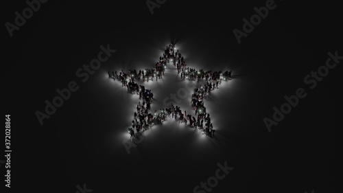 3d rendering of crowd of people with flashlight in shape of symbol of bookmark button on dark background