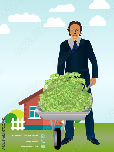 Businessman holding a wheelbarrow full of greenbacks or money bundles on real estate background. Concept of opportunity, being rich, investments in real estate. Business success.