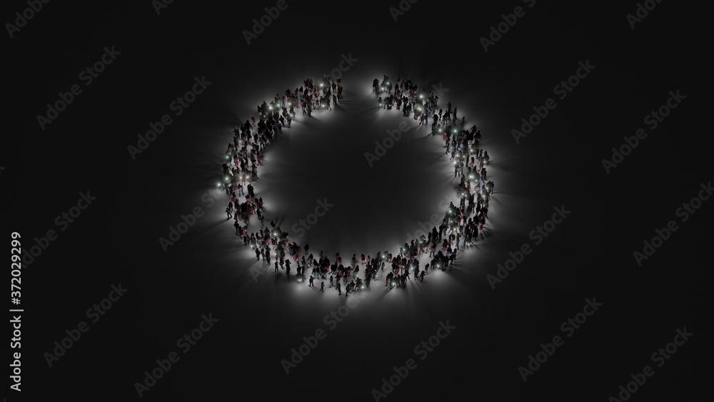 3d rendering of crowd of people with flashlight in shape of symbol of circle notch on dark background 3d rendering of crowd of people with flashlight in shape of symbol of circle notch on dark background