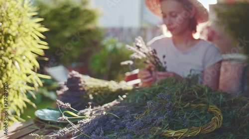 Woman Making Lavender Bouquet. SLOW MOTION. Female florist hands creating decoration with purpule lavender flowers. Girl enjoying peaceful evening in Provence French garden.   photo