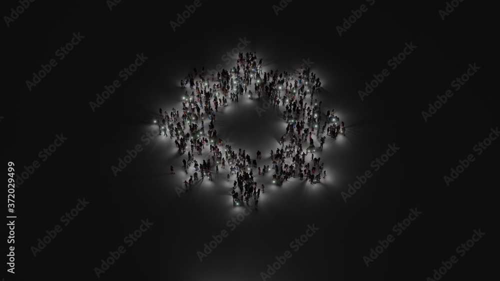 3d rendering of crowd of people with flashlight in shape of symbol of cogwheel on dark background