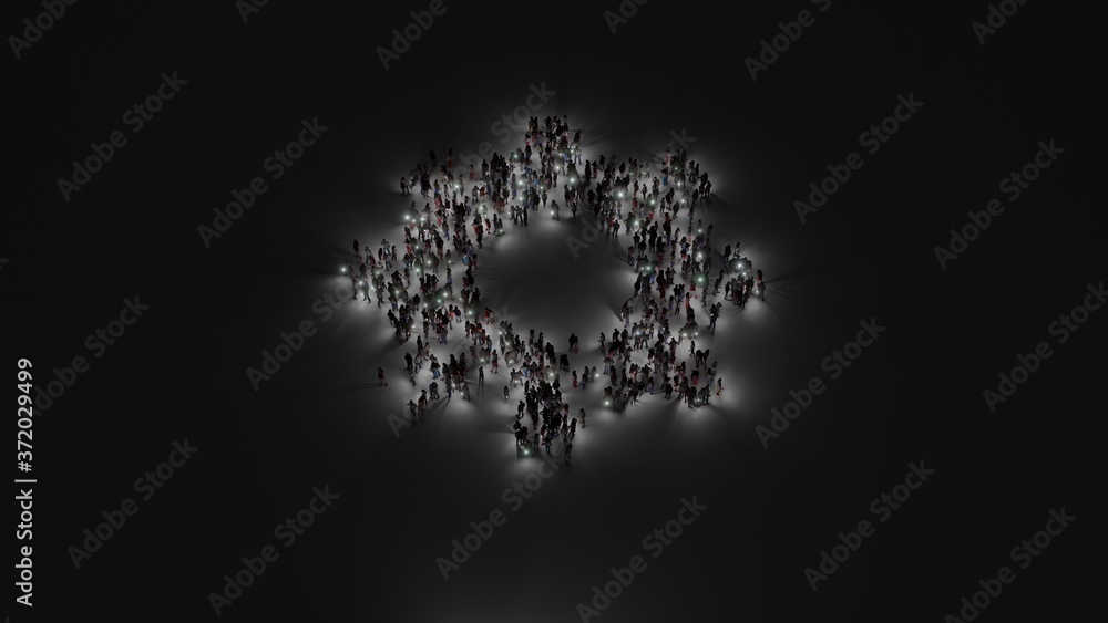 3d rendering of crowd of people with flashlight in shape of symbol of cogwheel on dark background 3d rendering of crowd of people with flashlight in shape of symbol of cogwheel on dark background