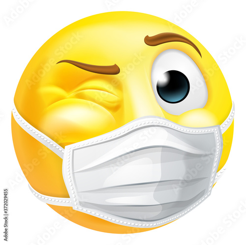 An emoji or emoticon face winking while wearing PPE medical mask