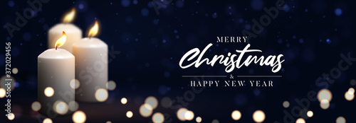 Merry Christmas and Happy New Year horizontal banner. Holiday banner with realistic 3d burning white candles and effect bokeh on background. Festive vector illustration.