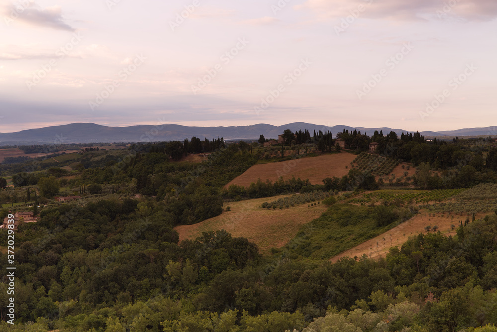 View of the Tuscan landscape near San Gimignano early in the morning