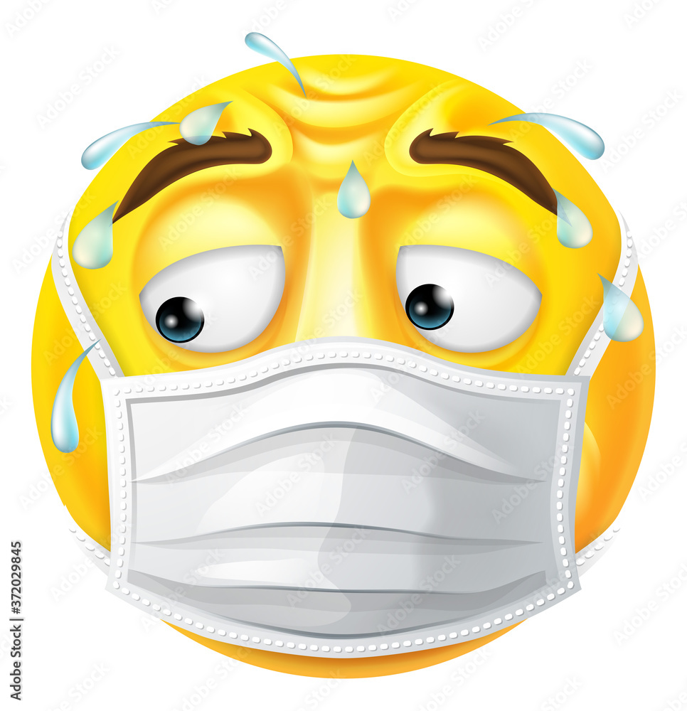 An emoji or emoticon face looking worried or sweating with fever while  wearing PPE medical mask Stock Vector | Adobe Stock