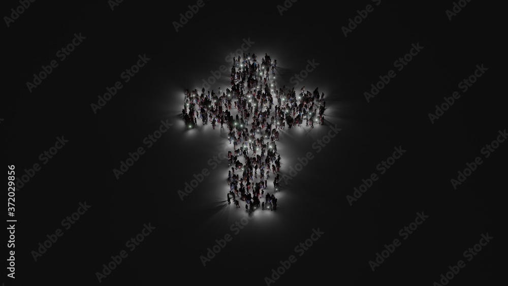 3d rendering of crowd of people with flashlight in shape of symbol of cross on dark background