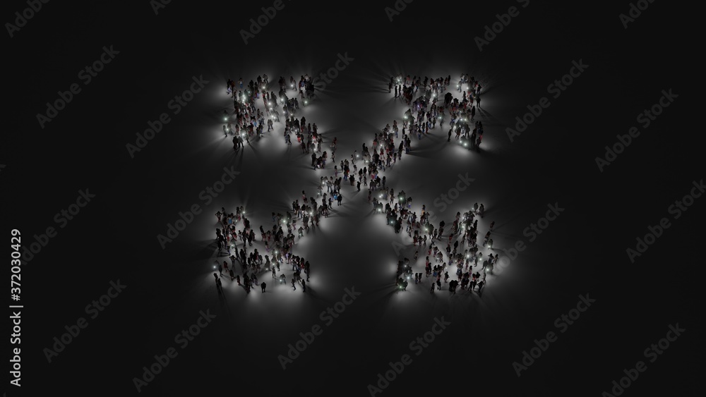 3d rendering of crowd of people with flashlight in shape of symbol of expand arrows on dark background