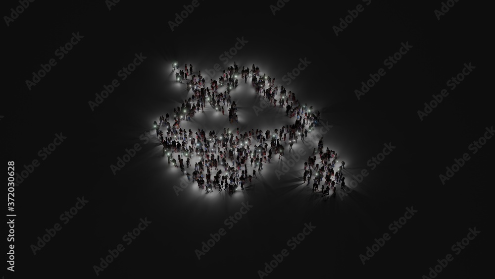 3d rendering of crowd of people with flashlight in shape of symbol of fill drip on dark background 3d rendering of crowd of people with flashlight in shape of symbol of fill drip on dark background