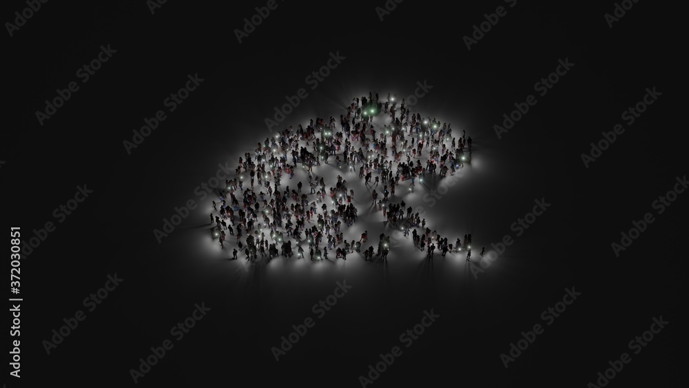 Obraz premium 3d rendering of crowd of people with flashlight in shape of symbol of frog on dark background